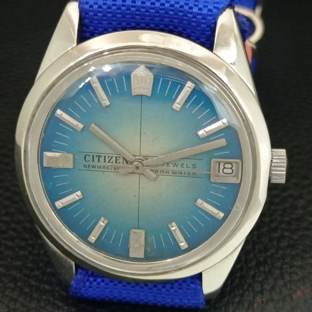 Vintage 1981 Citizen Manual Wound Mens Silver Watch W/Date & Teal accents